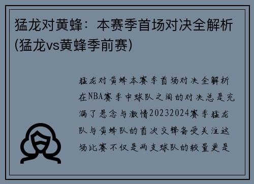 猛龙对黄蜂：本赛季首场对决全解析(猛龙vs黄蜂季前赛)