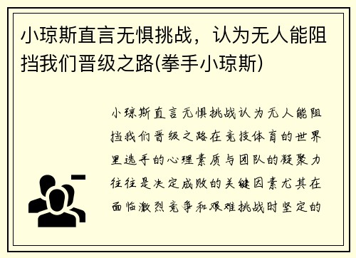 小琼斯直言无惧挑战，认为无人能阻挡我们晋级之路(拳手小琼斯)