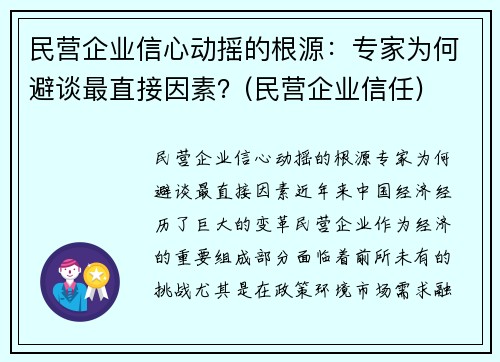 民营企业信心动摇的根源：专家为何避谈最直接因素？(民营企业信任)
