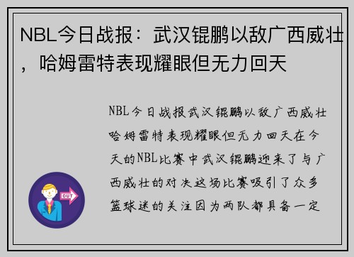 NBL今日战报：武汉锟鹏以敌广西威壮，哈姆雷特表现耀眼但无力回天