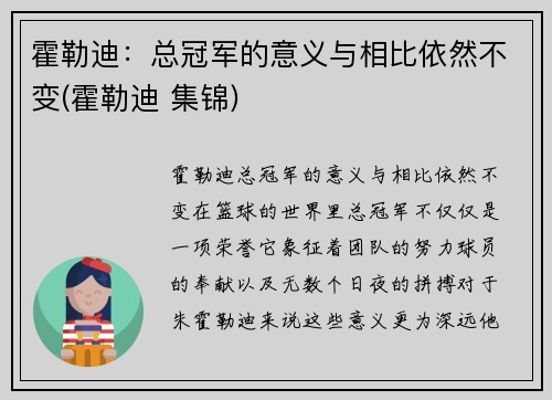 霍勒迪：总冠军的意义与相比依然不变(霍勒迪 集锦)
