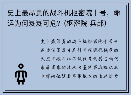 史上最昂贵的战斗机枢密院十号，命运为何岌岌可危？(枢密院 兵部)