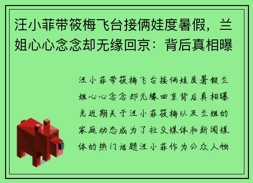 汪小菲带筱梅飞台接俩娃度暑假，兰姐心心念念却无缘回京：背后真相曝光