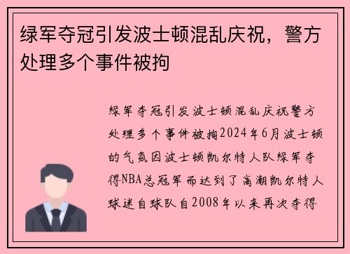 绿军夺冠引发波士顿混乱庆祝，警方处理多个事件被拘