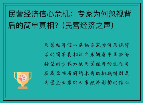 民营经济信心危机：专家为何忽视背后的简单真相？(民营经济之声)