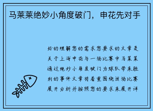 马莱莱绝妙小角度破门，申花先对手